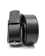 A brown, premium cow leather belt with a metal buckle, displayed in a coiled fashion.