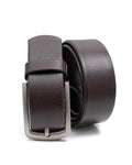 A brown, premium cow leather belt with a metal buckle, displayed in a coiled fashion.