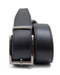 A reversible belt with a black and brown color scheme, featuring a smooth nappa leather surface and a gunmetal-tone buckle.