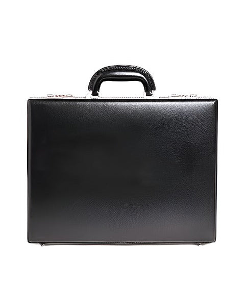 A black leather briefcase with a top handle and a combination lock.