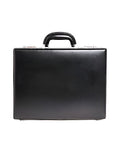 A black leather briefcase with a top handle and a combination lock.