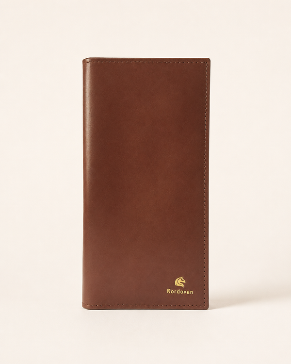 The Elite mobile wallet in Dave Brown nappa leather — front view | Kordovan Pakistan