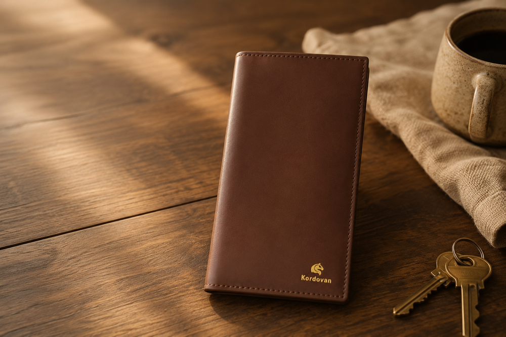 The Elite Dave Brown mobile wallet styled on a desk — Kordovan leather everyday carry