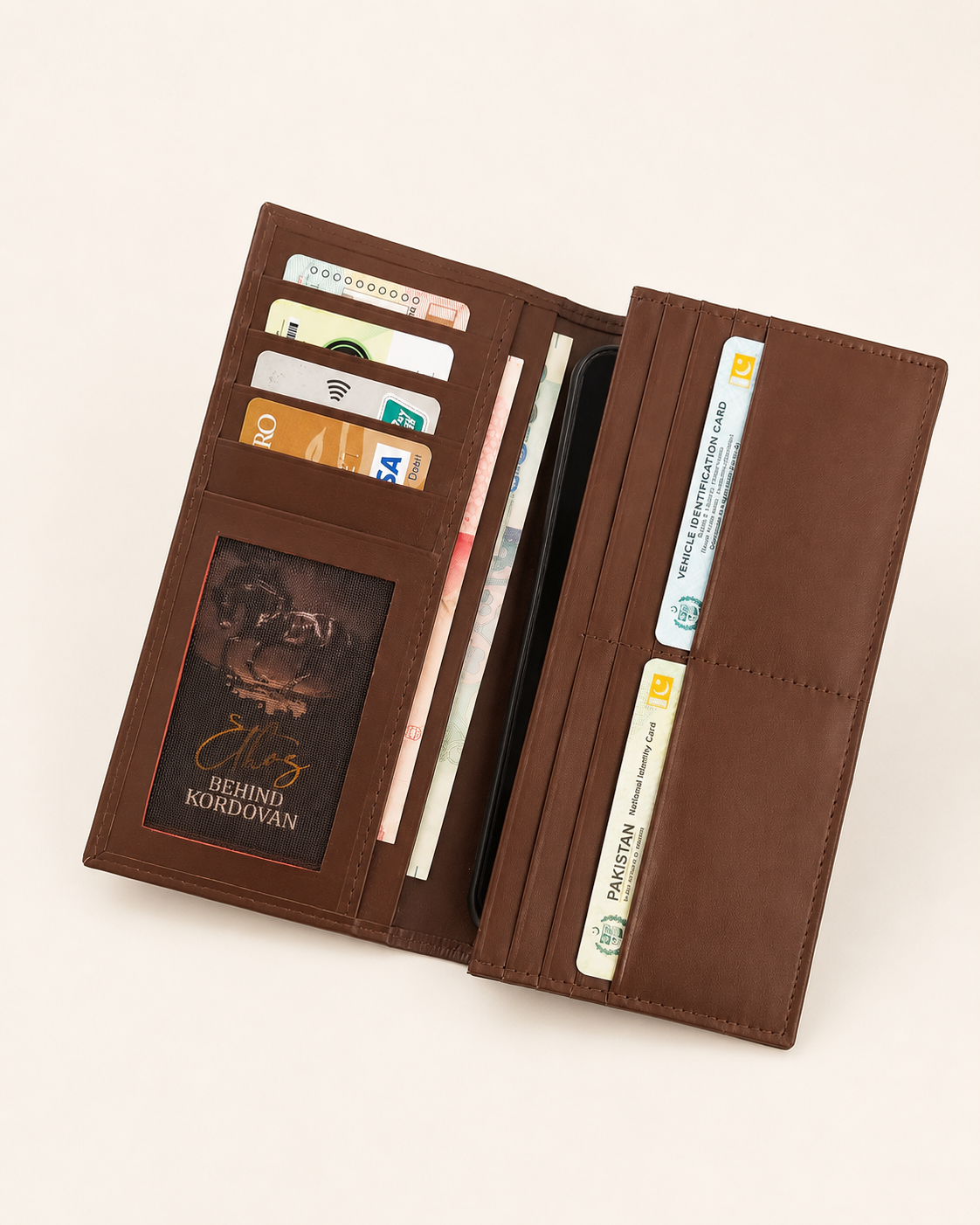 The Elite mobile wallet open — dedicated phone chamber, 12 card slots and ID window