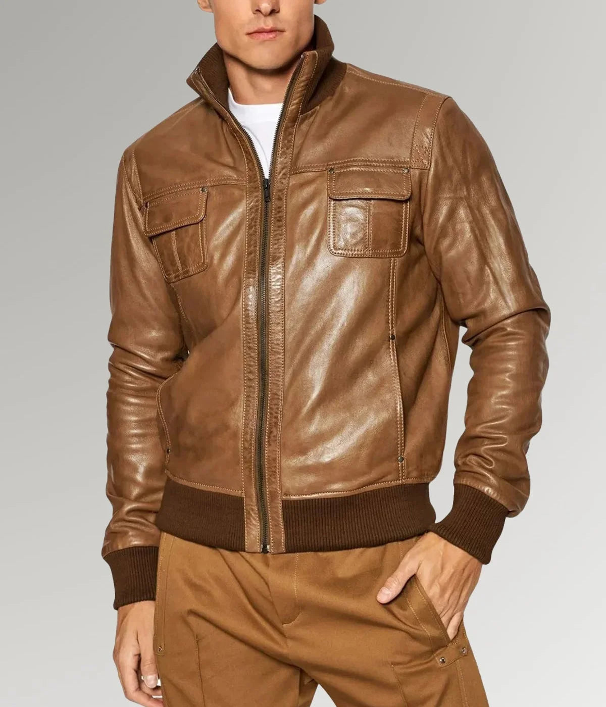 Desert Voyager | Brown Sheepskin Leather Bomber Jacket