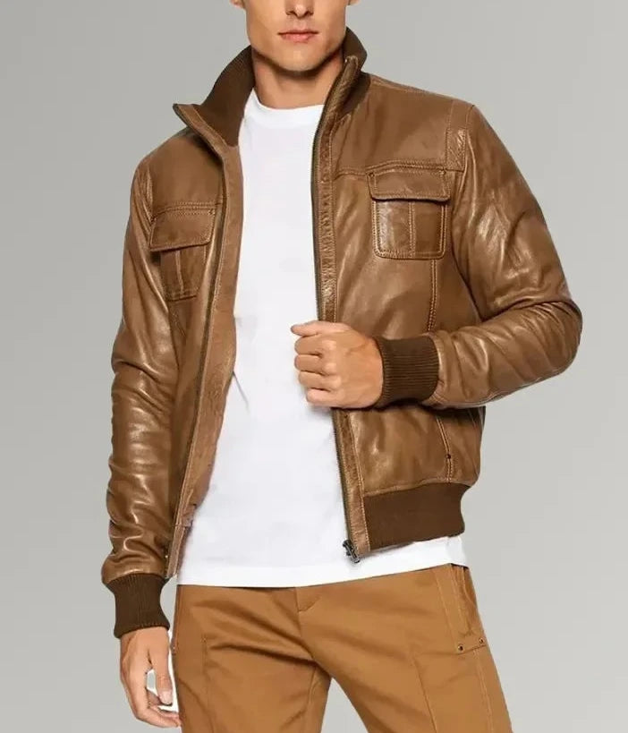 Desert Voyager | Brown Sheepskin Leather Bomber Jacket