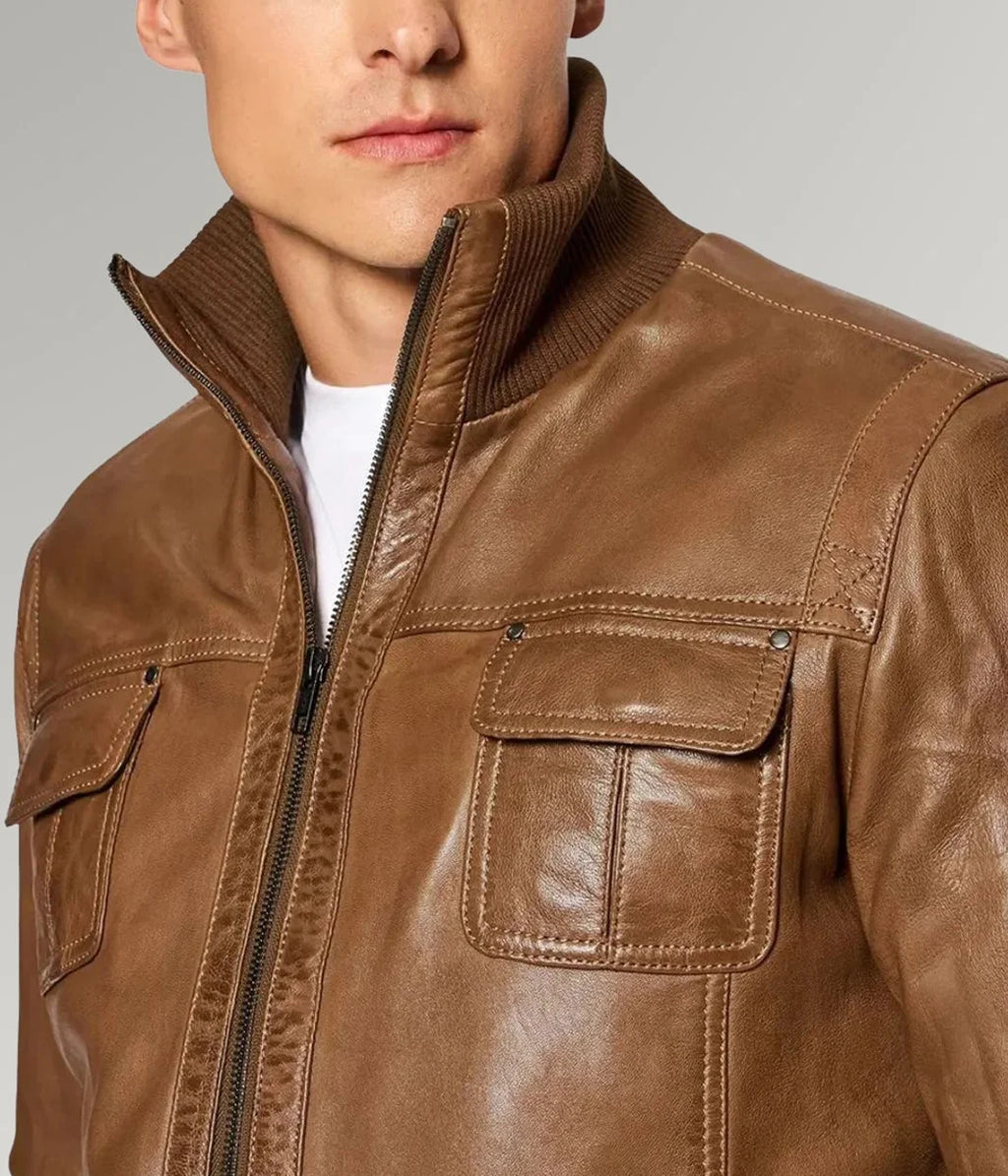 Desert Voyager | Brown Sheepskin Leather Bomber Jacket