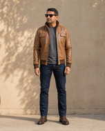 Desert Voyager — men's brown sheepskin leather bomber jacket, side view | Kordovan Pakistan