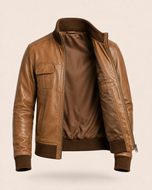 Desert Voyager — men's brown sheepskin leather bomber jacket, open front showing the lining | Kordovan Pakistan