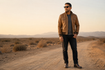Desert Voyager — men's brown sheepskin leather bomber jacket, full-length styled view | Kordovan Pakistan