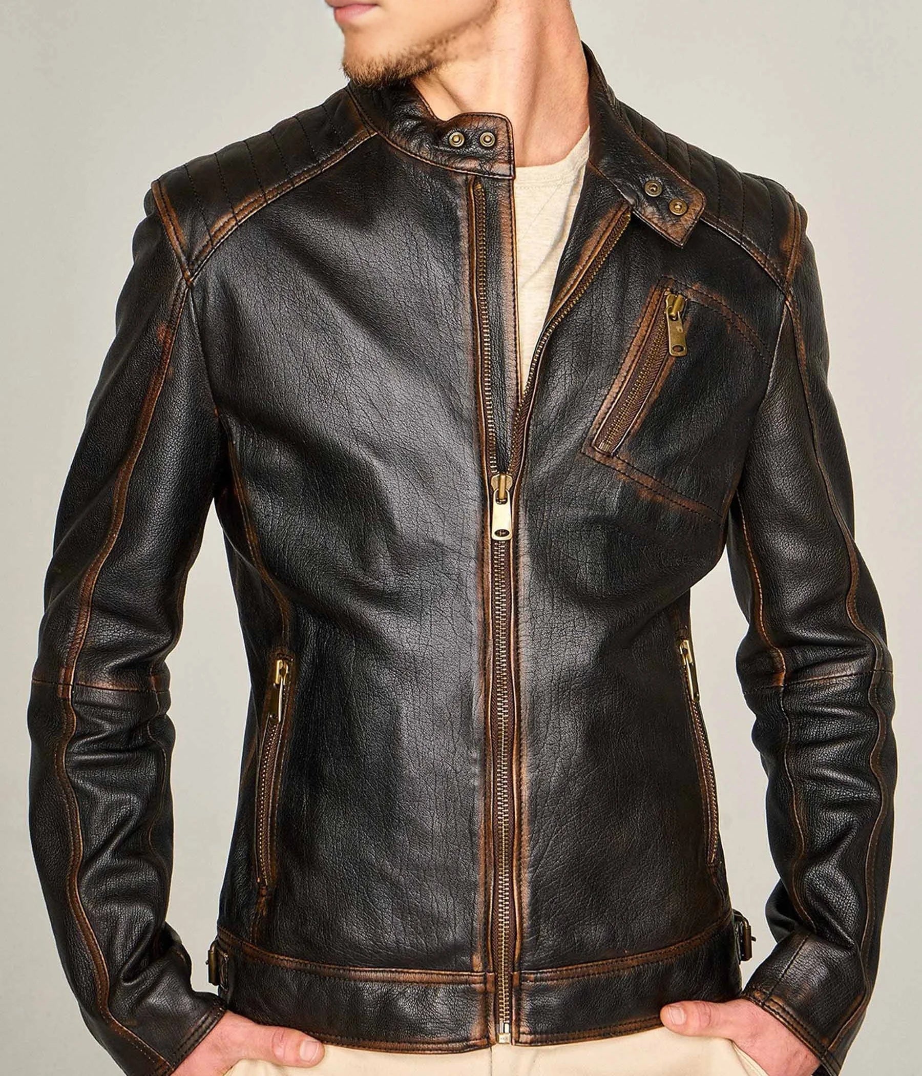 Durham Waxed Black Leather Biker Jacket