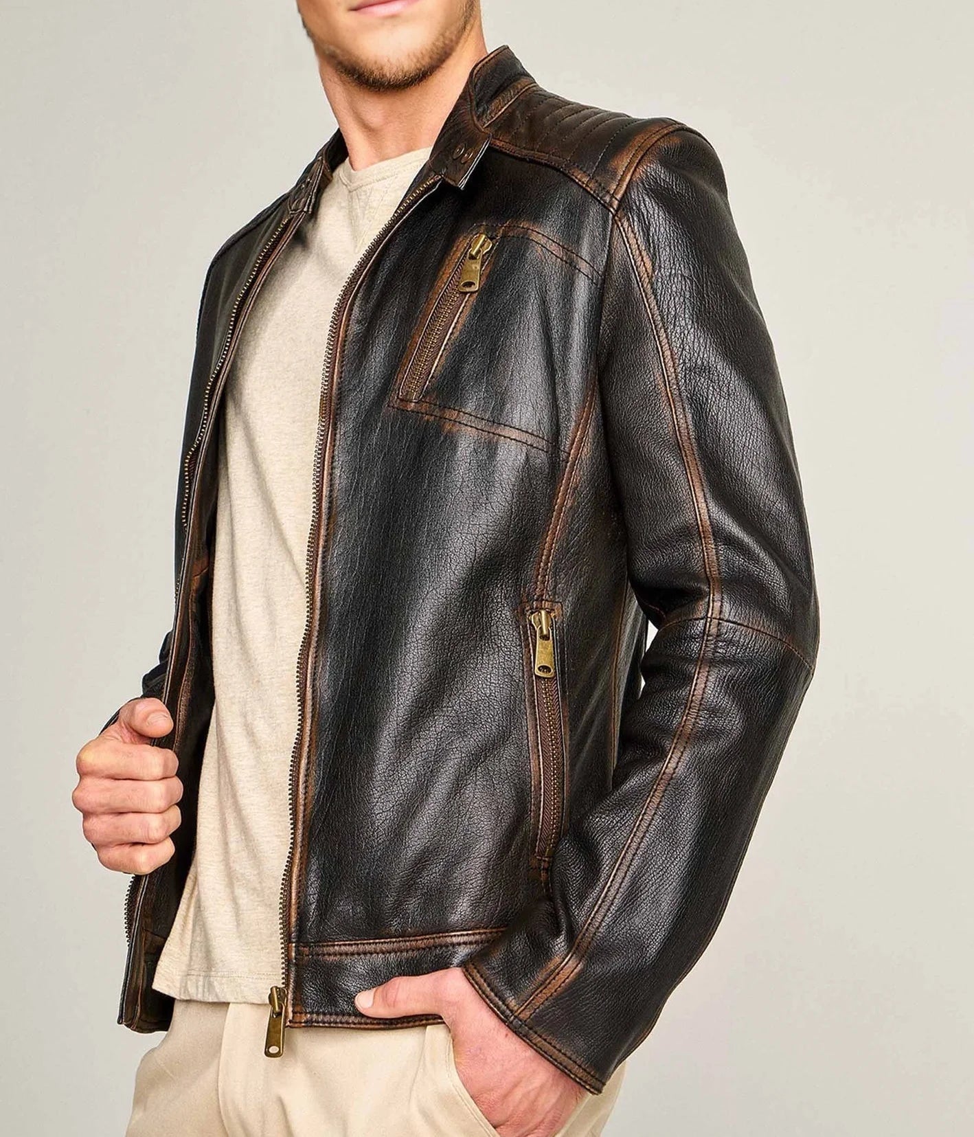 Durham Waxed Black Leather Biker Jacket