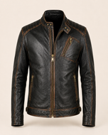Durham Waxed | Men's Black Leather Biker Jacket with Brown Accents