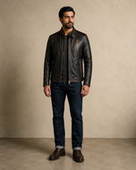 Durham Waxed | Men's Black Leather Biker Jacket with Brown Accents