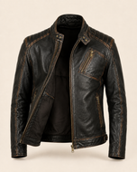 Durham Waxed | Men's Black Leather Biker Jacket with Brown Accents