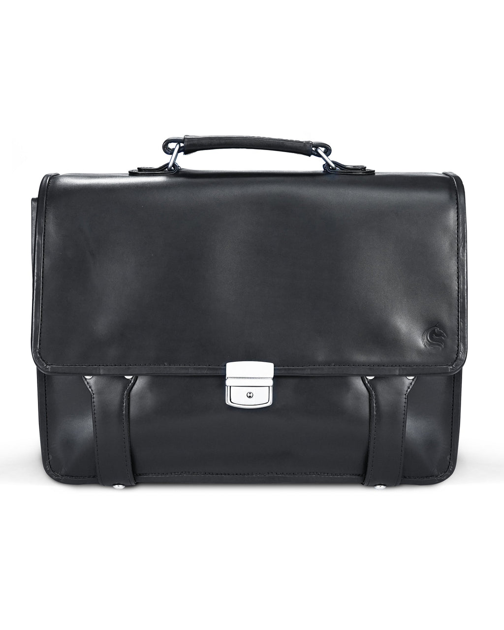 A black leather briefcase with a key lock on the front.