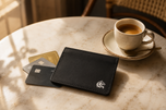 Black Elite Card Holder on a café table — slim leather card wallet by Kordovan