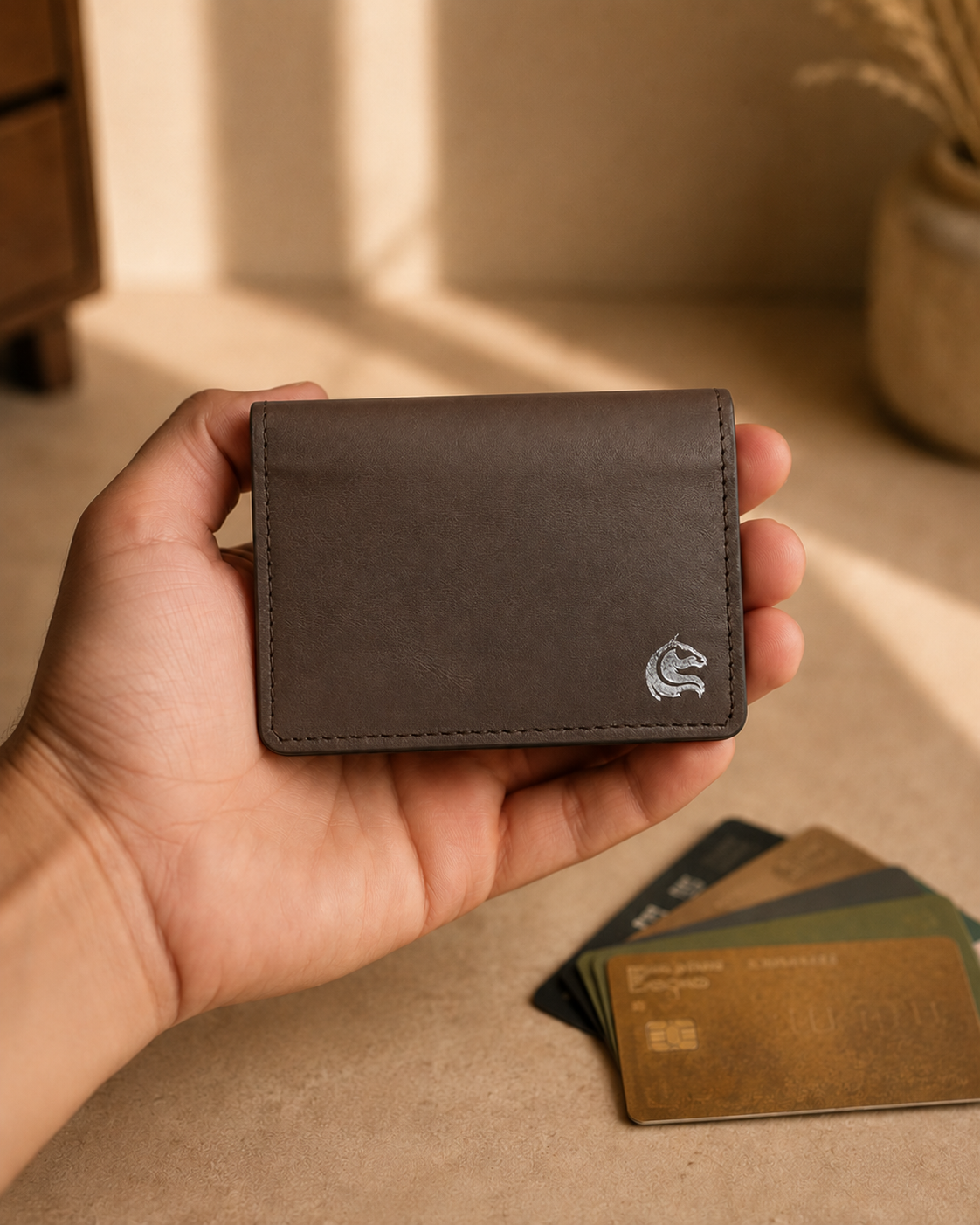 Brown leather Elite Card Holder held in hand for scale