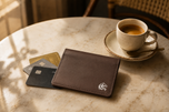 Brown Elite Card Holder styled on a walnut desk — Kordovan slim carry