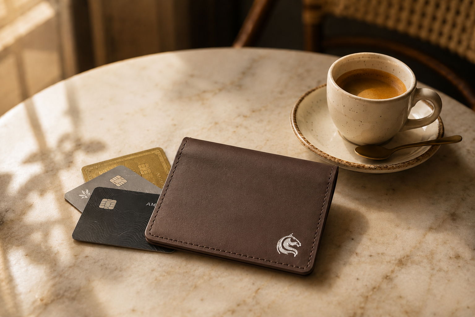 Brown Elite Card Holder styled on a walnut desk — Kordovan slim carry