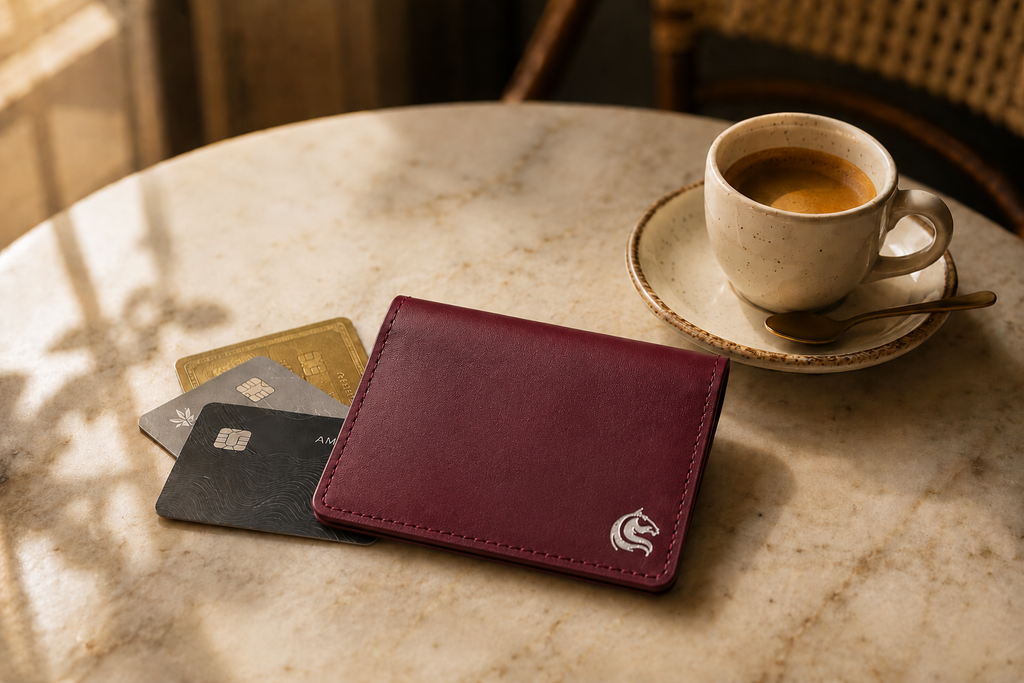 Burgundy Elite Card Holder on a café table — Kordovan leather card wallet