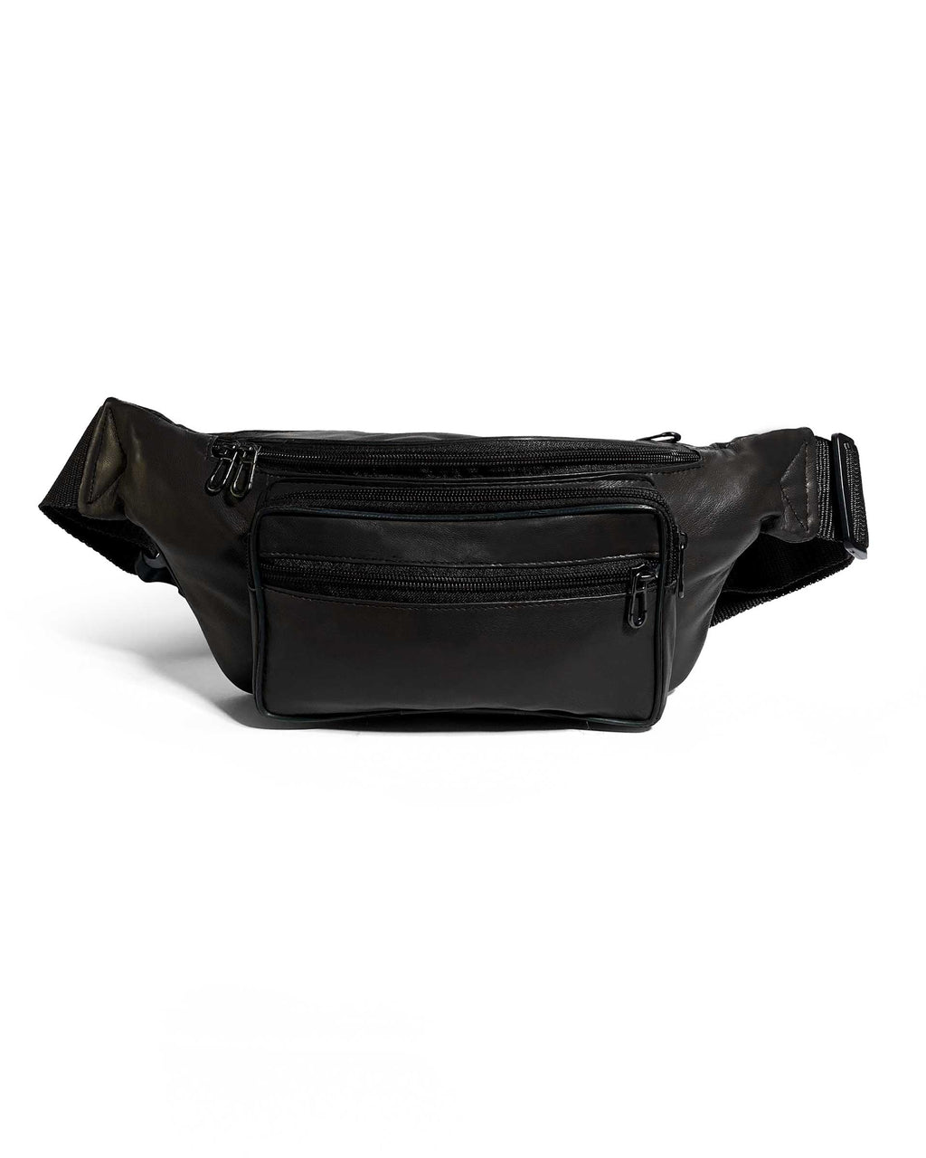 A brown unisex leather crossbody fanny pack with multiple pockets and an adjustable strap, displayed against a white background.