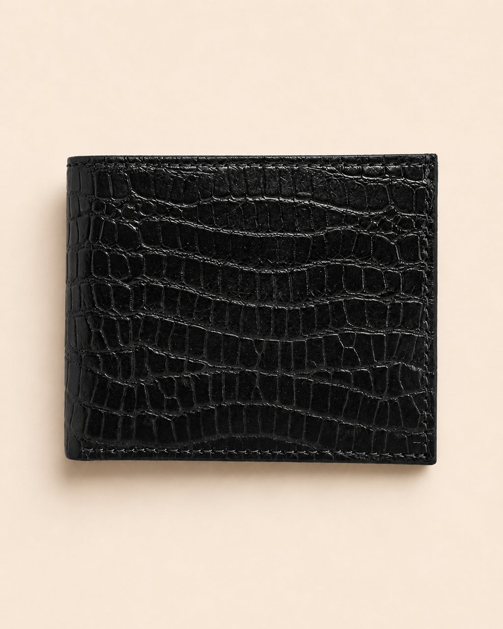 The Gator croc-texture bifold wallet in black leather — front view | Kordovan Pakistan