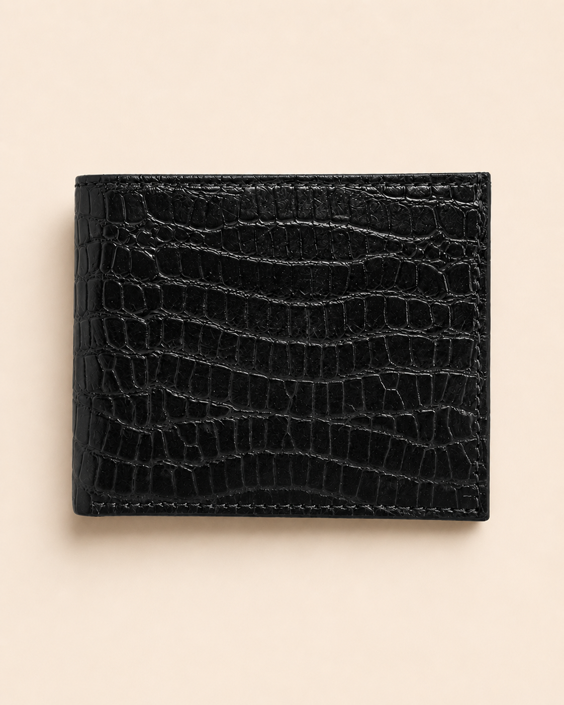 The Gator croc-texture bifold wallet in black leather — front view | Kordovan Pakistan