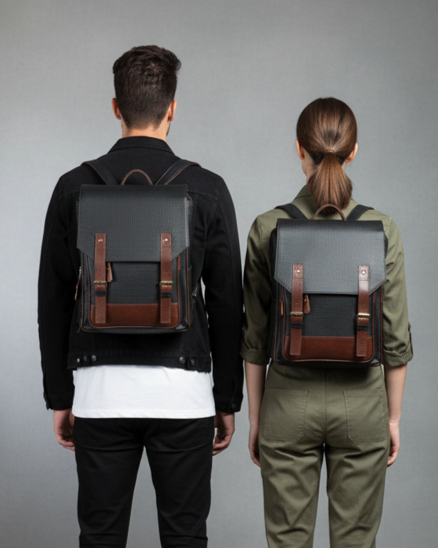 Two people wearing black and brown backpacks against a gray background