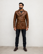 Hawkeye — men's brown sheepskin double breasted belted leather jacket, side view | Kordovan Pakistan