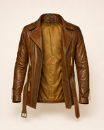 Hawkeye — men's brown sheepskin double breasted belted leather jacket, open front showing the lining | Kordovan Pakistan
