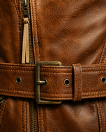 Hawkeye — men's brown sheepskin double breasted belted leather jacket, close-up of the leather grain and hardware | Kordovan Pakistan