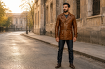 Hawkeye — men's brown sheepskin double breasted belted leather jacket, full-length styled view | Kordovan Pakistan