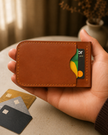 Brown HM The Lord's leather wallet held in hand, old-lords stitching visible
