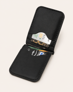 Black HM The Lord's Wallet open — money clip holding notes flat, card slots filled