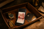 Black HM The Lord's money-clip wallet on a desk at evening — Kordovan leather
