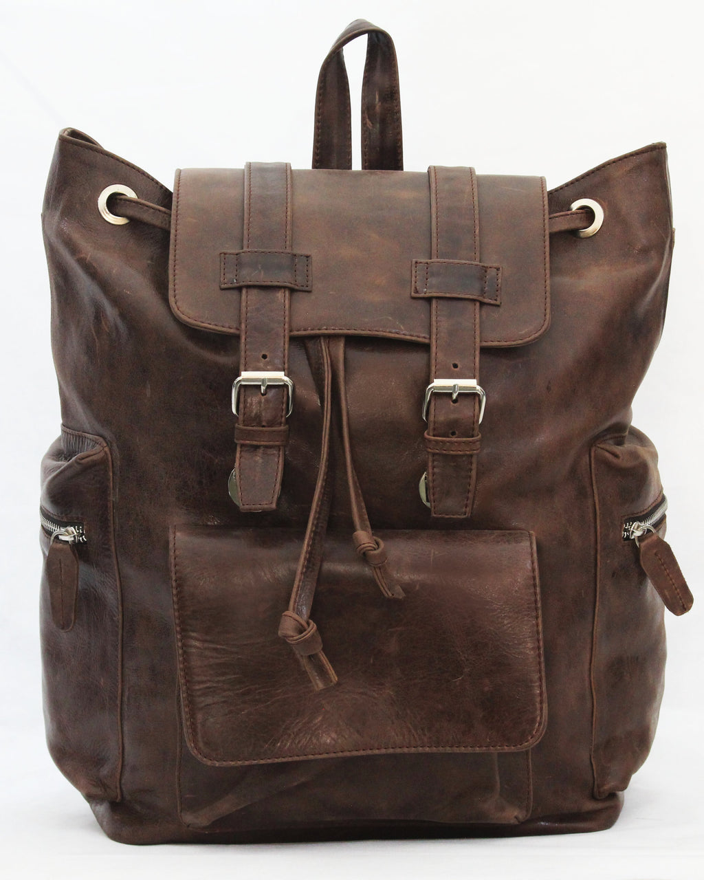 A distressed brown leather backpack with adjustable shoulder straps, two side zippered pockets, and a front pocket with flap cover. The backpack is displayed against a white background.