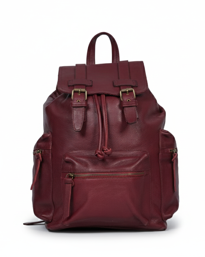 Maroon leather backpack on a white background