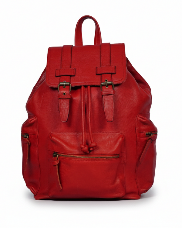 Red leather backpack on a white background