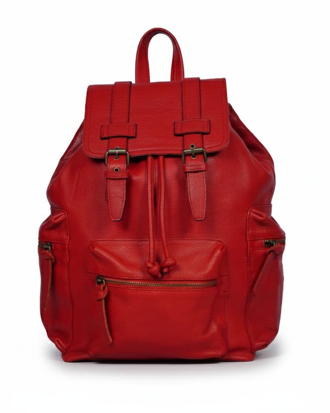 Red leather backpack on a white background