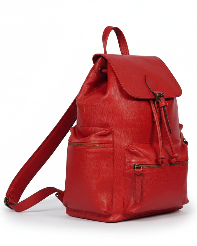 Red leather backpack on a white background