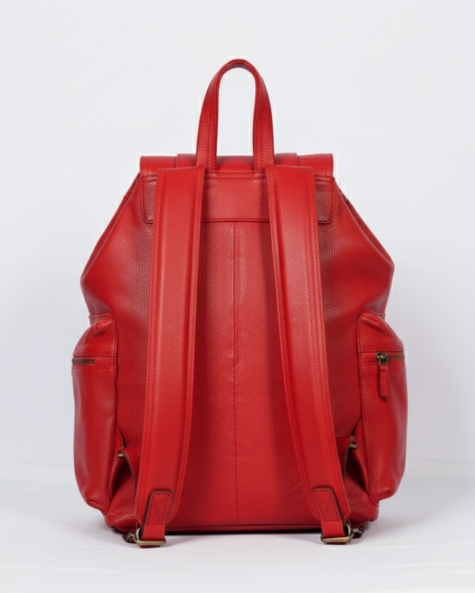 Red leather backpack on a white background