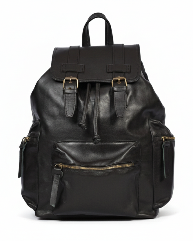 Black leather backpack on a white background