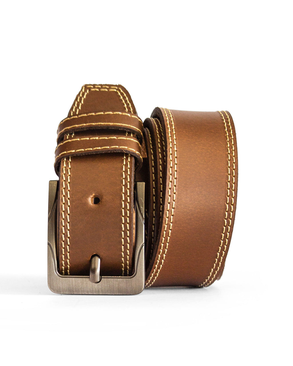 A brown leather belt with a decorative stitching pattern and a metal buckle.