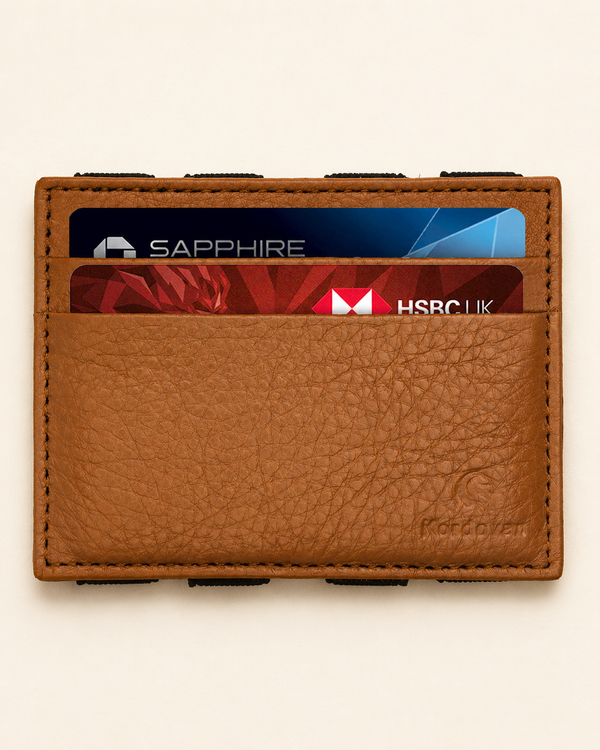 ILLUSION magic wallet in camel milled leather — front view | Kordovan Pakistan