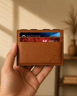 Camel ILLUSION magic wallet held in hand, showing its compact 3.8 by 2.9 inch size