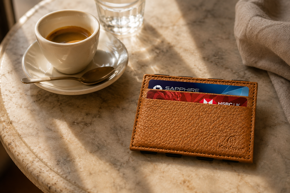 Camel ILLUSION magic wallet on a café table — slim leather carry by Kordovan