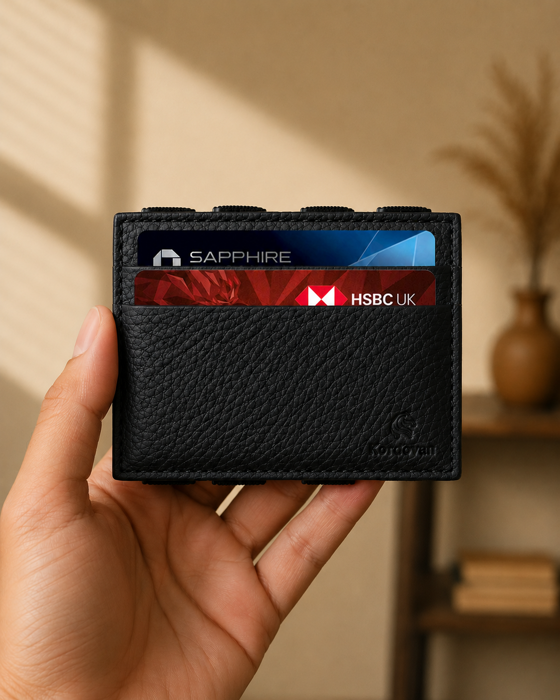 Black ILLUSION magic wallet held in hand, slim profile visible