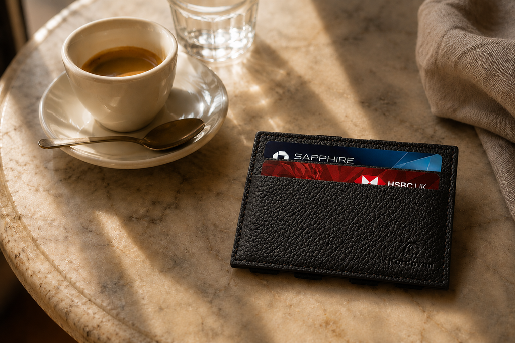 Black ILLUSION magic wallet on a café table — Kordovan slim leather wallet