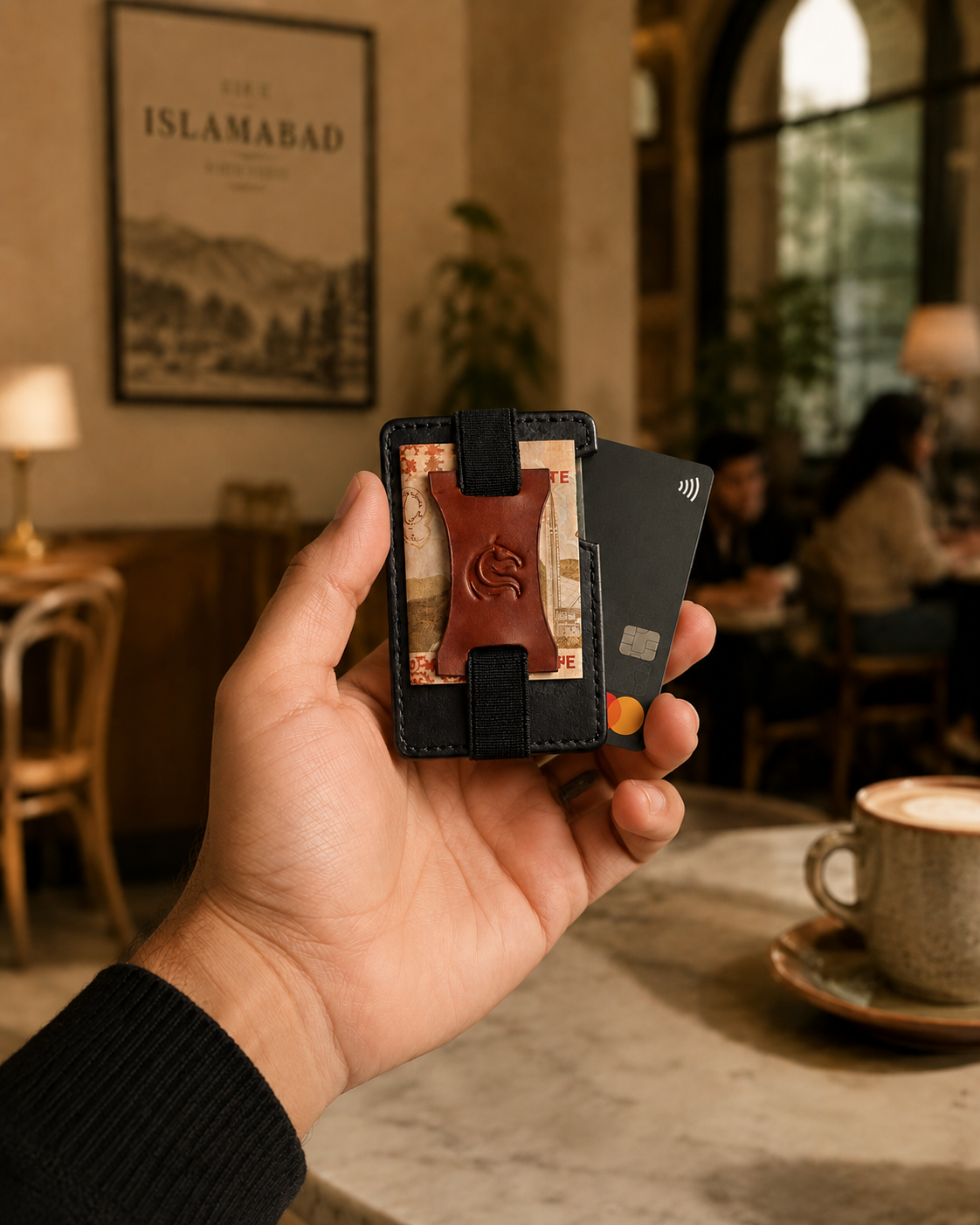 Black and brown Razor slim RFID wallet held in hand